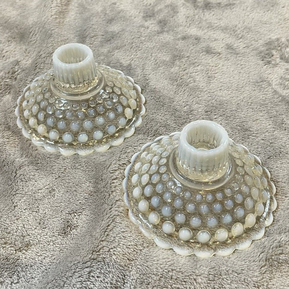 Vintage Anchor Hocking Glass Opalescent Moonstone Set of 2 Candle Holders